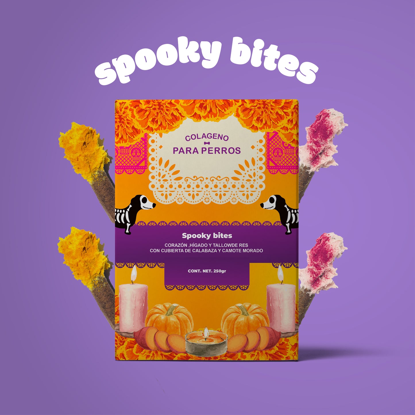 PREVENTA  de Spooky bite 250 gr  🎃🍠 premios para perro con camote y calabaza / Dia de muertos